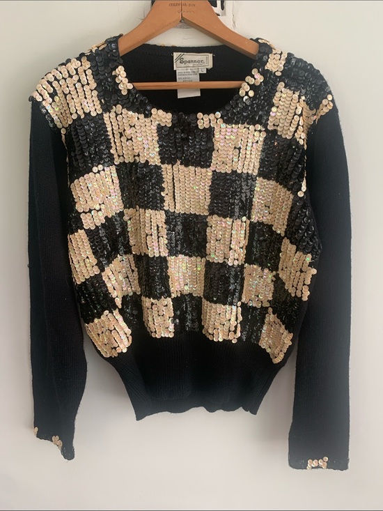 SPANNER Sweaters - Vintage Sequin Checkerboard Wool Knit Sweater Black/Cream Size L
